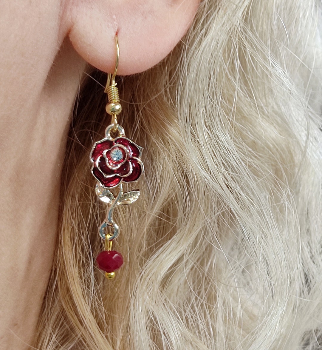 Gold Red Rose Dangle Earrings Romantic Earrings Gold Enamel Etsy
