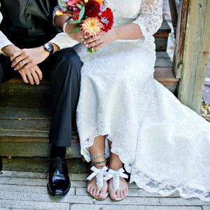 Wedding white sandals with ivory pearls and satin bow, White Greek sandals with ivory pearls, Bridal white flats /Bridesmaid shoes image 3