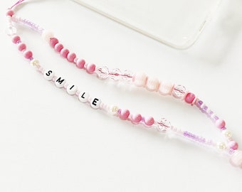 Pink phone strap, Phone beaded bracelet, Phone jewelry, Trendy phone wrist strap, Smile phone strap, Beaded pink phone string, Gift for her