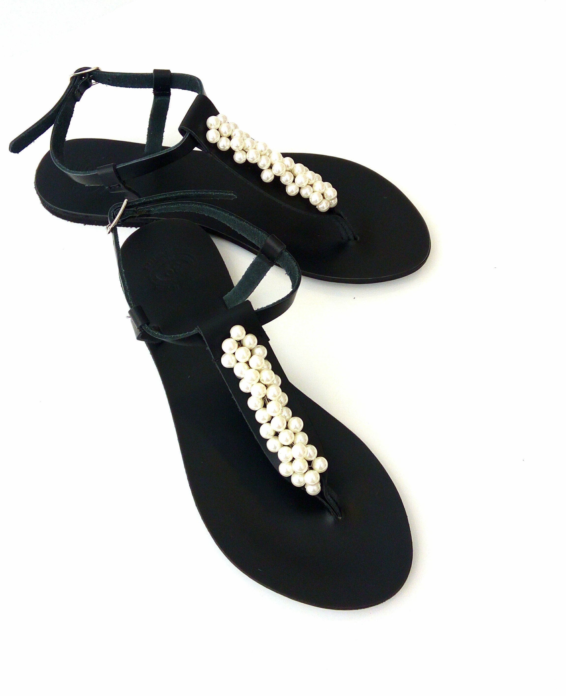 Black leather sandals, Pearl sandals, Greek leather sandals, Beach ...