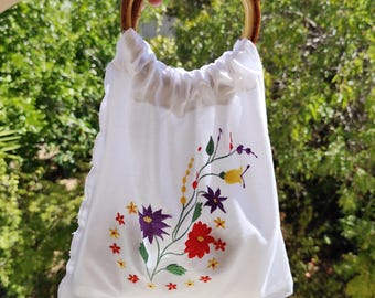 Upcycled white doily Bag, Colorful floral embroidered handbag, Vintage Greek textile handmade Summer bag