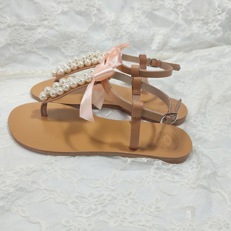 Wedding sandals, Greek leather sandals decorated with ivory pearls and peach satin bow, Bridal party shoes, Pears flats, Bridesmaid sandals image 3