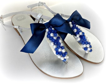 Wedding sandals- Silver leather sandals- Greek leather sandals with pearls and satin bow- Bridal party Decorated sandals-Bridesmaids sandals