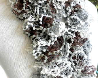 White grey knitted scarf - Ruffle scarf knit - Winter fashion - Neckwarmer scarf - Mother's day gift - White brown grey scarf