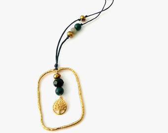 Koλιέ πράσινο με επίχρυσο δέντρο της ζωής / Green rozary beaded necklace with gold plated tree of life