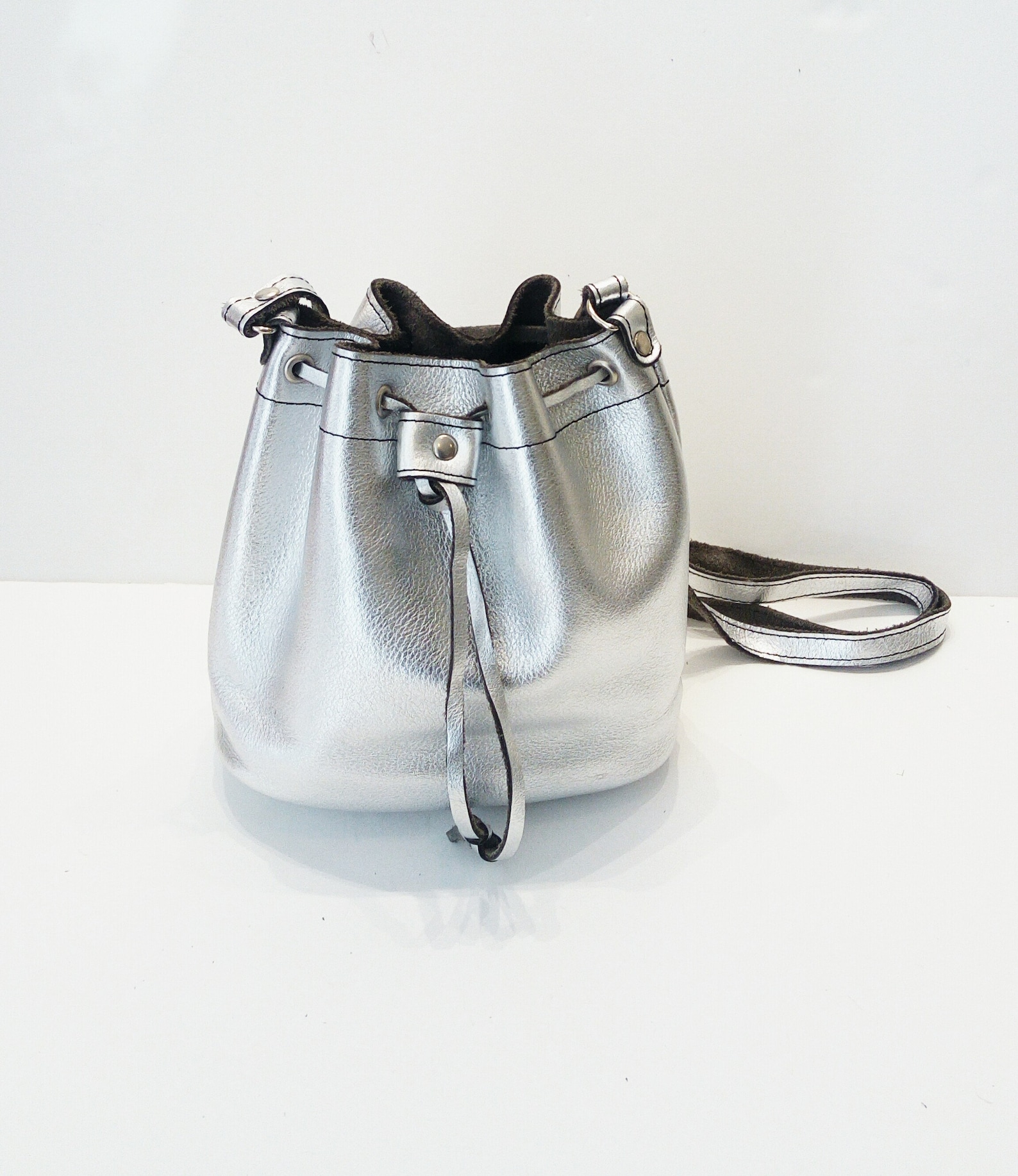 Bucket silver Leather bag Silver bag Greek bag Metalic bucket Etsy