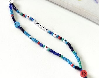 Phone strap blue beaded with smile faces, Smile phone cord, Phone beaded charm, 90's phone charm, Heart phone charm, Gift for her