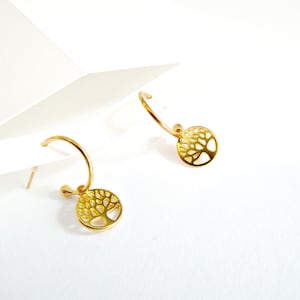 Gold Plated Hoop Earrings: Minimalist Tree of Life Dangle