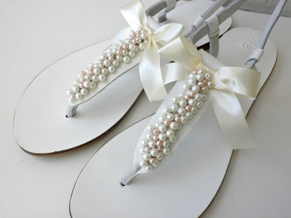 Wedding Leather Sandals White Sandals Decorated Mix Ivory - Etsy