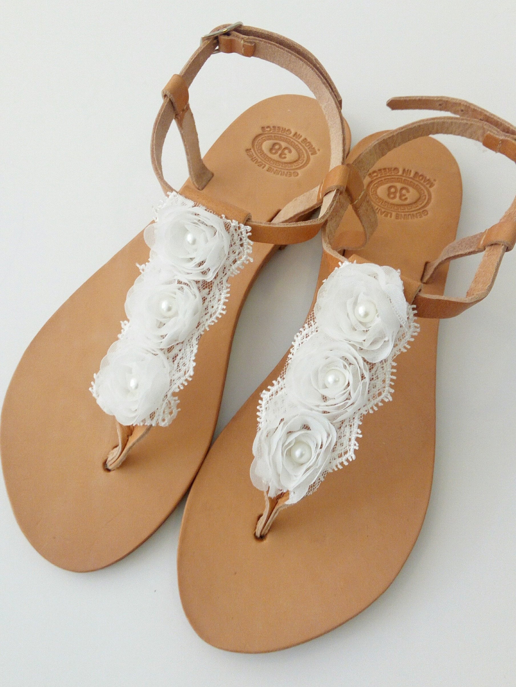 Wedding leather sandals with white flowers, Bridal sandals, White flowers shoes, Bridesmaids