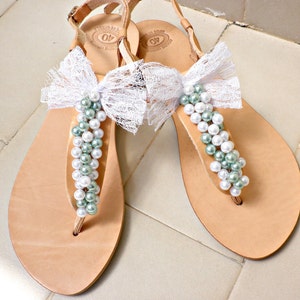 Wedding leather sandals, Pearl sandals, Wedding flats, Bridal sandals, Bridesmaids Summer leather sandals- White teal pearls women flats