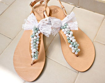 Wedding leather sandals, Pearl sandals, Wedding flats, Bridal sandals, Bridesmaids Summer leather sandals- White teal pearls women flats