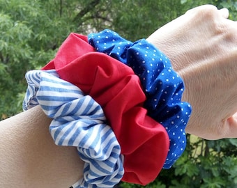 Red cotton scrunchy, Blue stripes, Blue polka dots scrunchy, Set of 3 scrunchies, Navy scrunchies, Handmade scrunchies, Gift for her