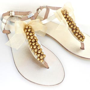 Pearl sandals Gold sandals Wedding leather sandals Metalic gold sandals Gold pearls Bridal sandals Beach wedding flats Bridal party shoes