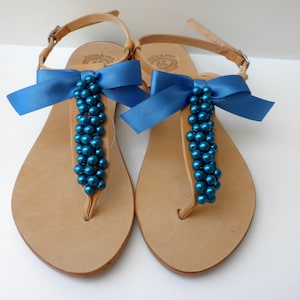Wedding blue pearls sandals ,Something blue, Greek leather sandals, Bridal party shoes, Beach wedding, Bridemaids sandals, Blue pearls flats