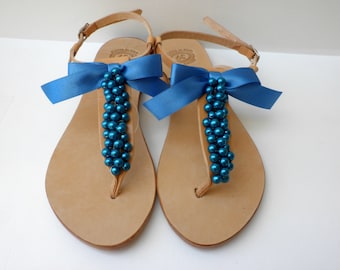 Wedding blue pearls sandals ,Something blue, Greek leather sandals, Bridal party shoes, Beach wedding, Bridemaids sandals, Blue pearls flats