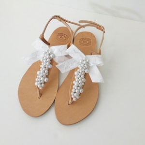 Pearl sandals, Wedding sandals, Bridal sandals, Greek leather sandals, Decorated sandals, White pearls and lace bow, Beach wedding flats