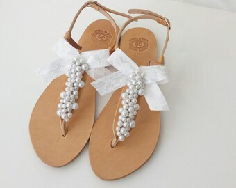 Pearl sandals, Wedding sandals, Bridal sandals, Greek leather sandals, Decorated sandals, White pearls and lace bow, Beach wedding flats