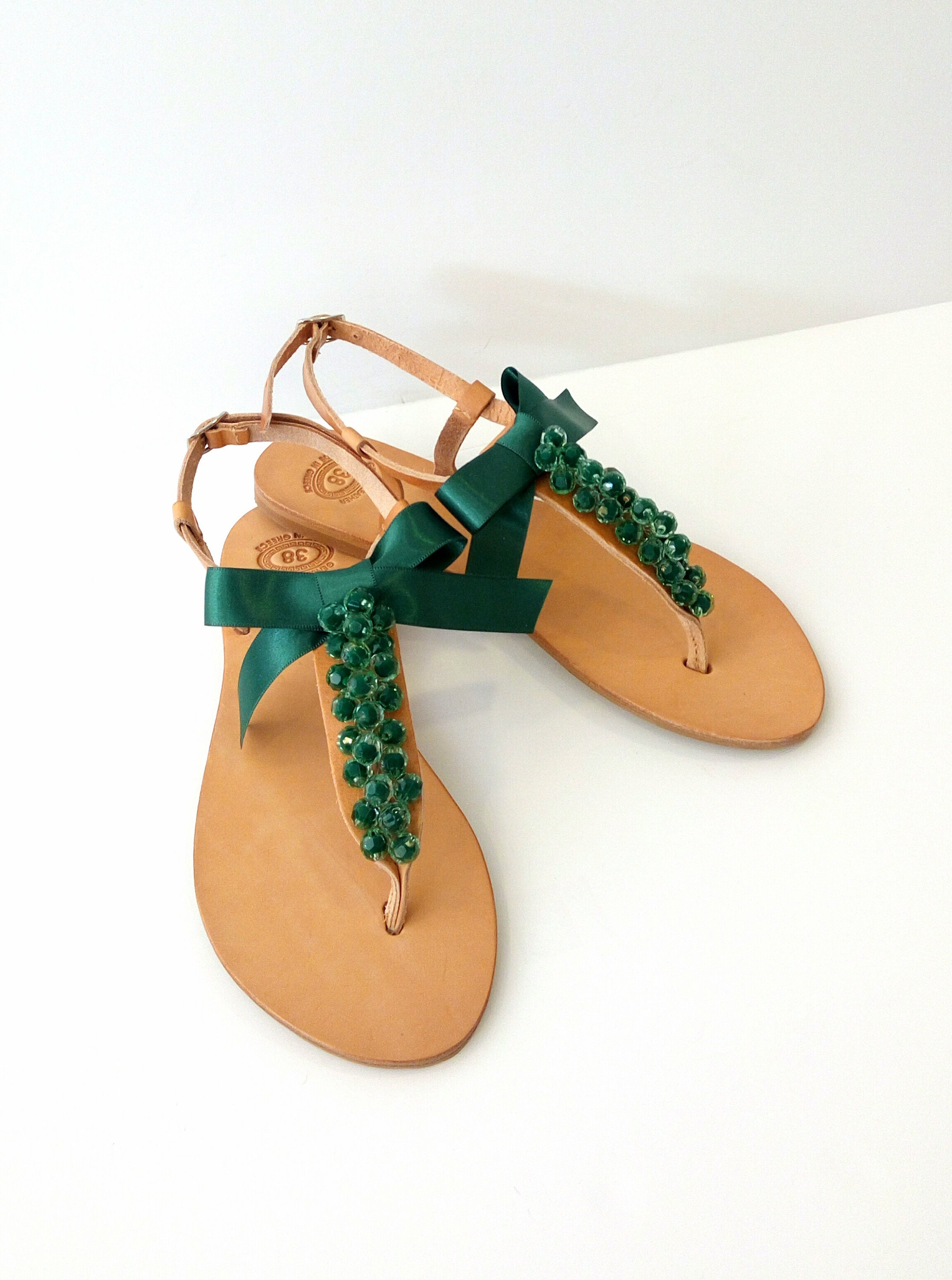 Green beaded sandals, Greek leather sandals, Wedding green sandals ...