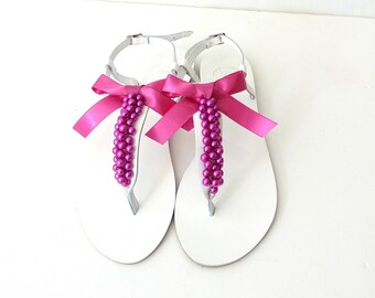 White sandals decorated with Fuchsia pearls and bow Wedding pearl sandals Bridal hot pink pearl flats Strappy leather sandals