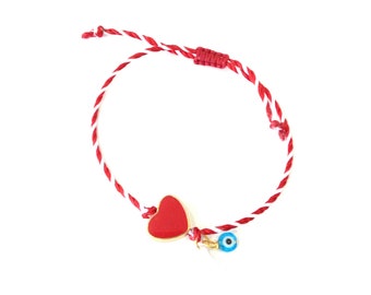 Βραχιόλι Μάρτης με επίχρυση χάντρα   ΒΜ3  /  Red and white string with red enamel heart and evil eye bracelet