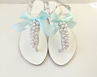White sandals, Wedding leather sandals, White pearls with teal bow, Bridal pearls sandals, Greek summer sandals, Bridesmaid flats,