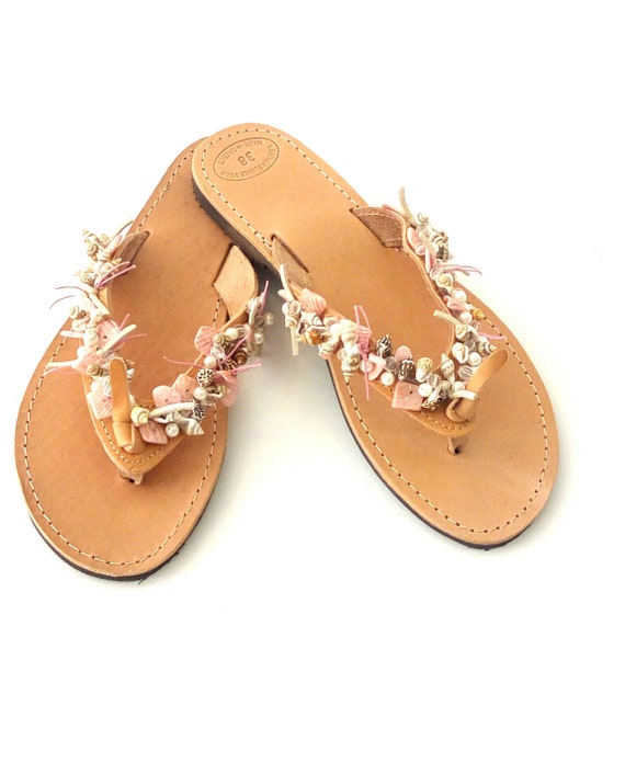 Beach Wedding Leather Sandals greek Leather Sandals Sea Shell Decorated  Sandals Pink Shell and Beads Flip Flops Beach Shoes 