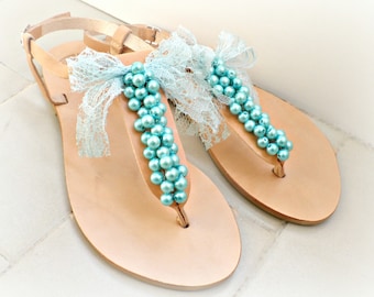 Greek leather sandals- Wedding sandals-Leather sandals decorated with teal pearls and lace bow -Turquoise women flats- Bridesmaid sandals