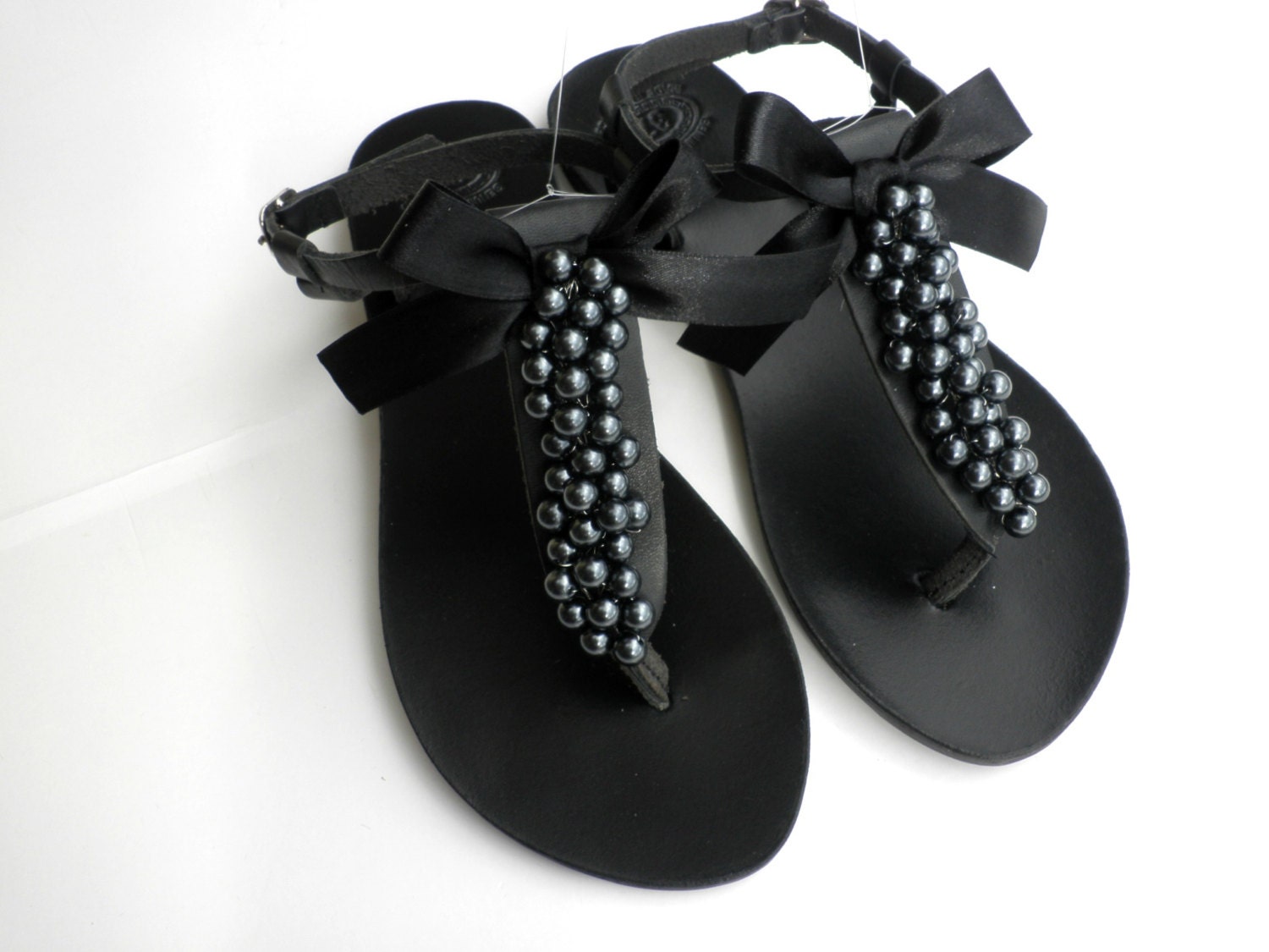 Black sandals, Decorated sandals with black pearls black bow, Pearls ...
