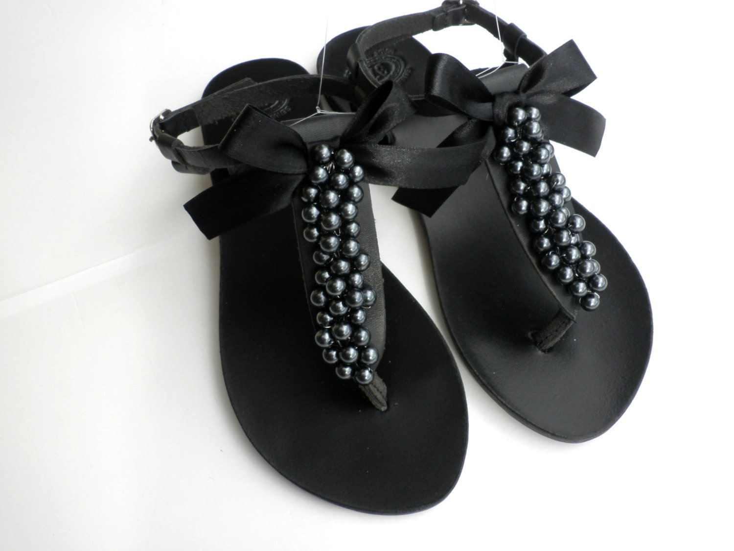 black slide sandals with pearls