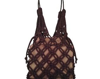 Handmade Brown Macrame Net Bag: Boho Cotton Tote with Leather Handles