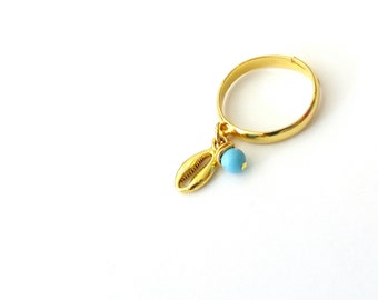 Gold ring, Dangle cowrie ring with turquoise bead, Adjustable ring, Summer ring, Boho jewelry, Dainty ring with gold cowrie, Birthday gift