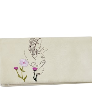 Cartera de piel color blanco roto, Cartera larga de piel color crudo para mujer, Cartera minimalista fina con bordados, Cartera para mujer, Regalo para el Día de la Madre