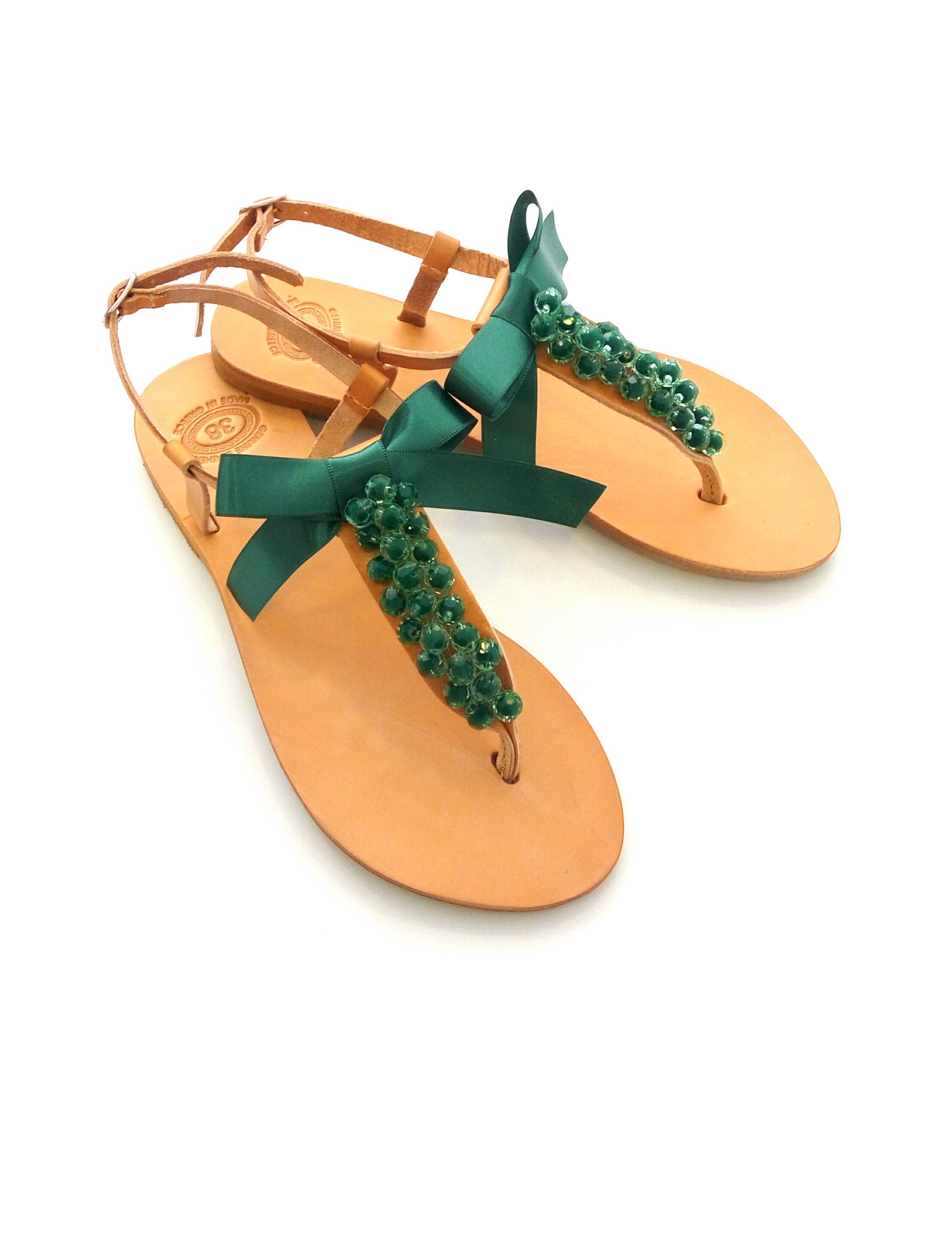 Green beaded sandals, Greek leather sandals, Wedding green sandals ...