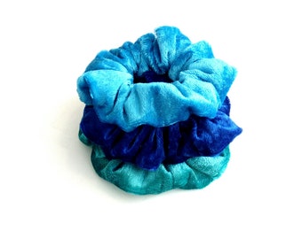 Blue velour scrunchies, Set of 3 scrunchies, Handmade scrunchies, Hair Accessories, Scrunchie Gift Set, 3 pack scrunchies, Gift for her