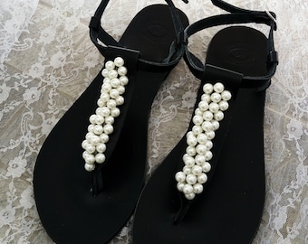 Black leather sandals, Pearl sandals, Greek leather sandals, Beach party flats, Ivory pearls, Summer sandals, Handmade sandals, Women shoes