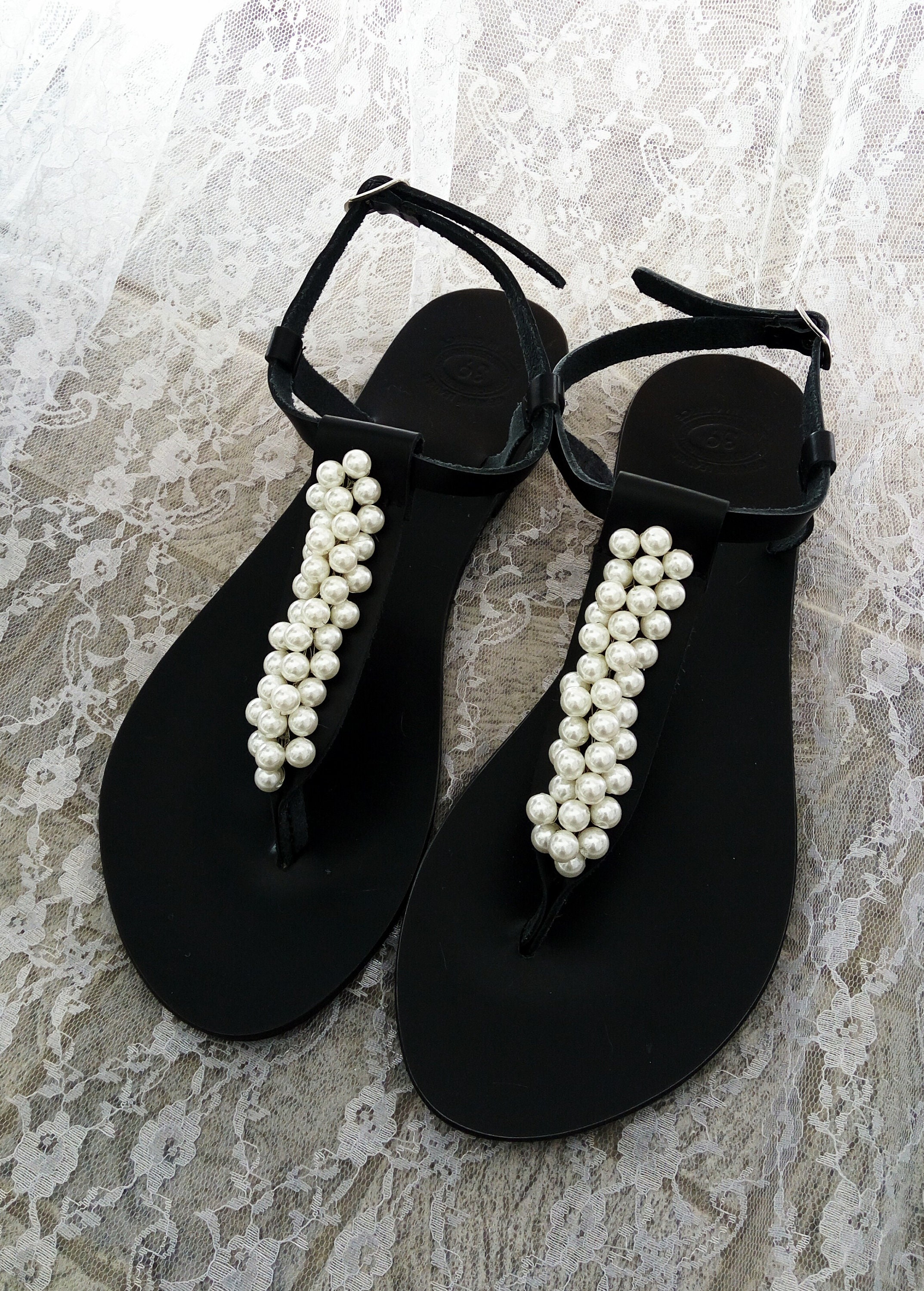 Black leather sandals, Pearl sandals, Greek leather sandals, Beach ...