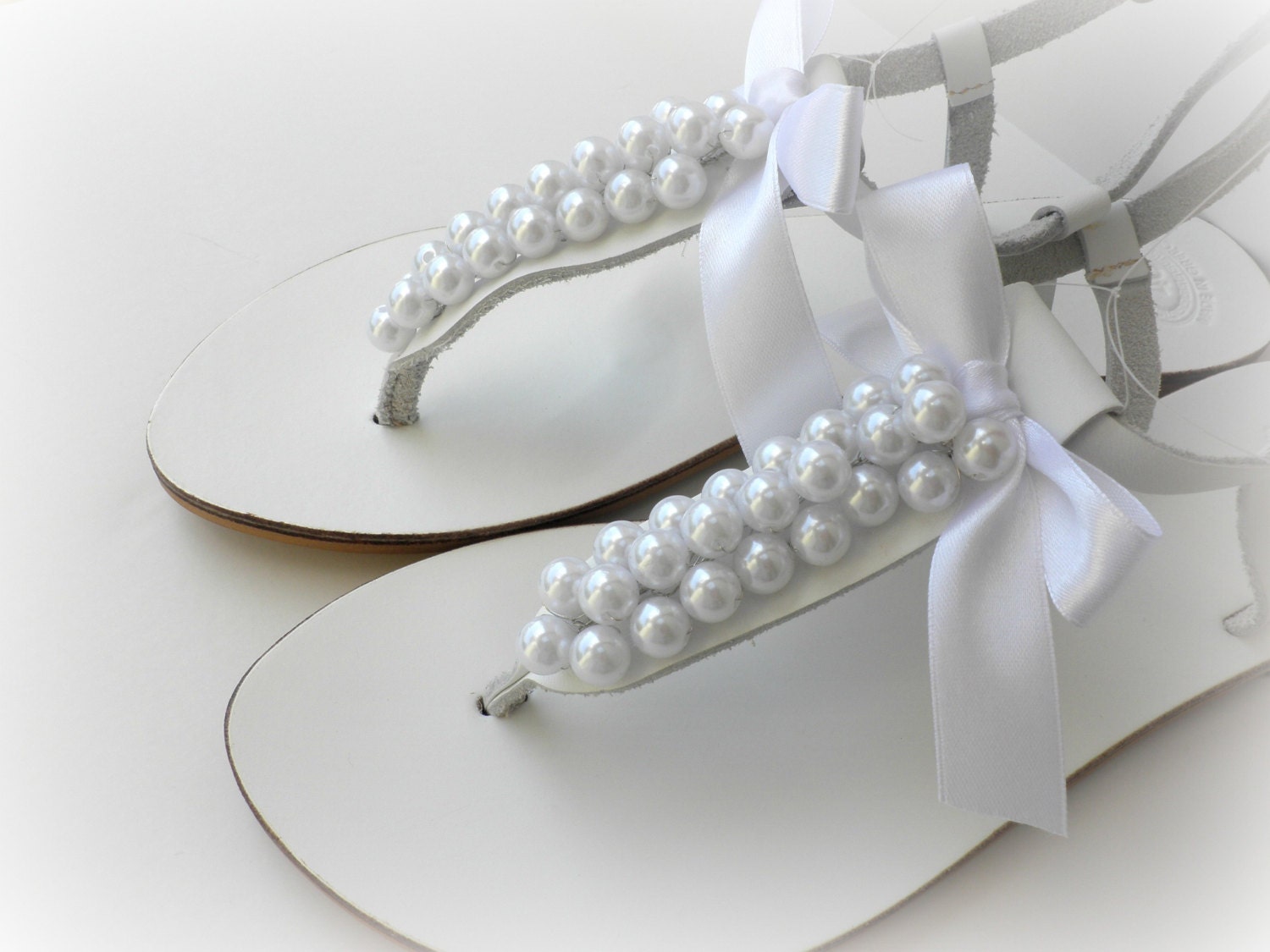 White wedding sandals with white pearls and bow, Pearl sandals, Beach ...