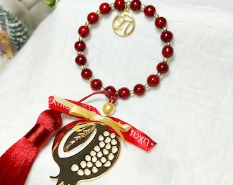 2027 Pomegranate Lucky Charm, Greek New Year Ornament, Burgundy Tassel, Gold Good Luck Gift