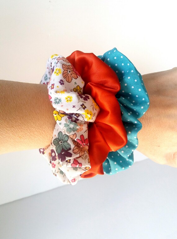 Handmade Cotton Floral Satin Scrunchies, Set of 3 - Etsy display picture 1