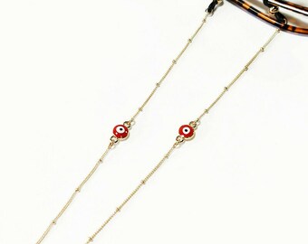 Red Evil eye sunglasses steel chain with balls, Gold glasses chain with red evil eye, Sunglasses necklace Reading glasses chain Gift for her