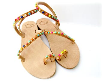 Rhinestone multicolor Greek sandals/ Beach flats/ Rainbow embellished sandals/ Bridal party shoes / Toe ring sandals/ Summer leather sandals