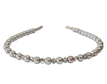 Στέκα στεφάνι με γκρι silver πέρλες και χάντρες/ Silver pearl wedding Headband