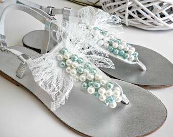 Wedding sandals- Silver leather sandals- Greek leather sandals with pearls and lace bow-Silver flats teal white pearls-Bridesmaids sandals