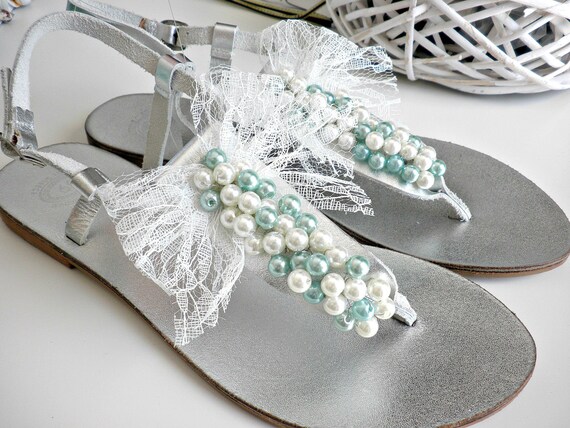 Pearl & Lace Silver Leather Wedding Sandals – Greek Summer Flats