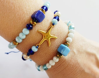 Bραχιόλι μπλε με χάντρες και αστερία / Blue beaded bracelet