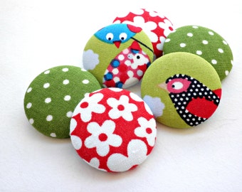 Covered buttons- Fabric buttons- Size 36 22mm -Red Floral buttons- Green polka dots buttons- Bird buttons-Scrapbooking supplies