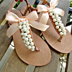Wedding sandals, Greek leather sandals decorated with ivory pearls and peach satin bow, Bridal party shoes, Pears flats, Bridesmaid sandals image 5