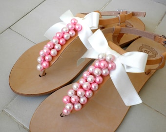 Wedding sandals  Pearl sandals Greek sandals decorated with pink ivory pearls Bridal party shoes Summer women flats Bridesmaid pink sandals