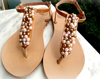 Wedding sandals, Greek leather sandals, Pearls sandals, Summer shoes, Bridal party, Bridesmaid flats, Beach wedding, Decorated sandals,